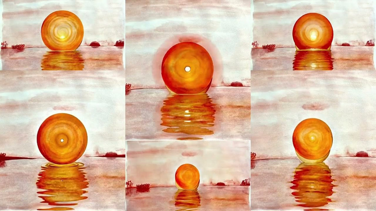 FILIPPA ROSE watercolor of a Bacalar sunrise, an orange sun reflected on still, mirror-like water
