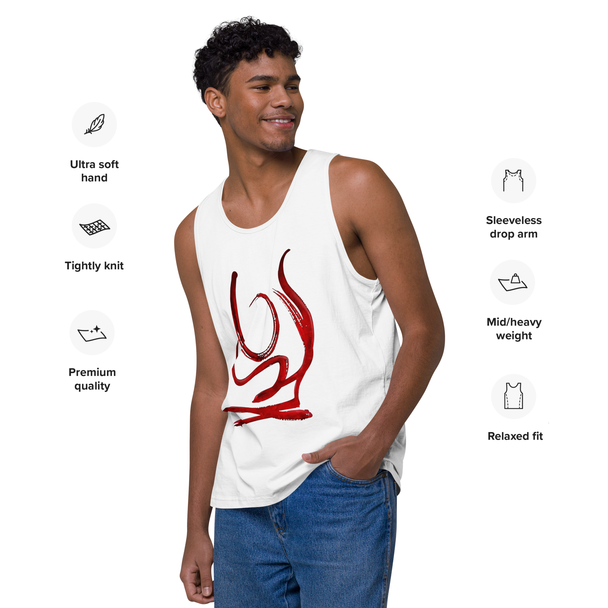 Man wearing a white tank top with red DIAVOLARA design, standing against a white background with text describing tank top features. 